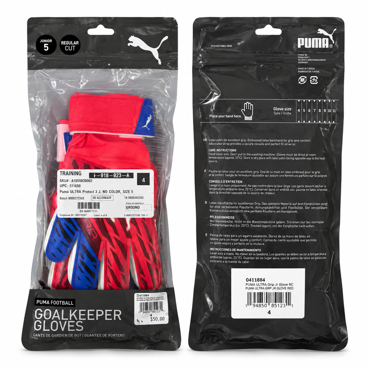 PUMA ULTRA GRIP 1 JUNIOR RC GOALKEEPER GLOVES - RED/BLUE/WHITE