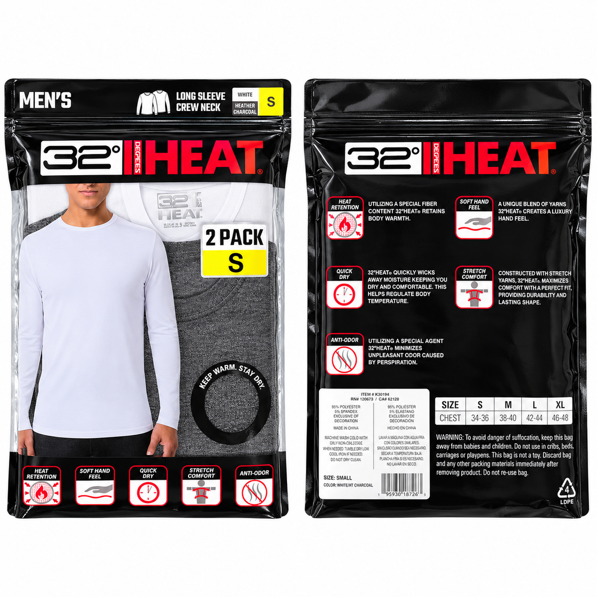 32 DEGREES HEAT MEN’S 2-PACK LONG SLEEVE CREW NECK SHIRTS