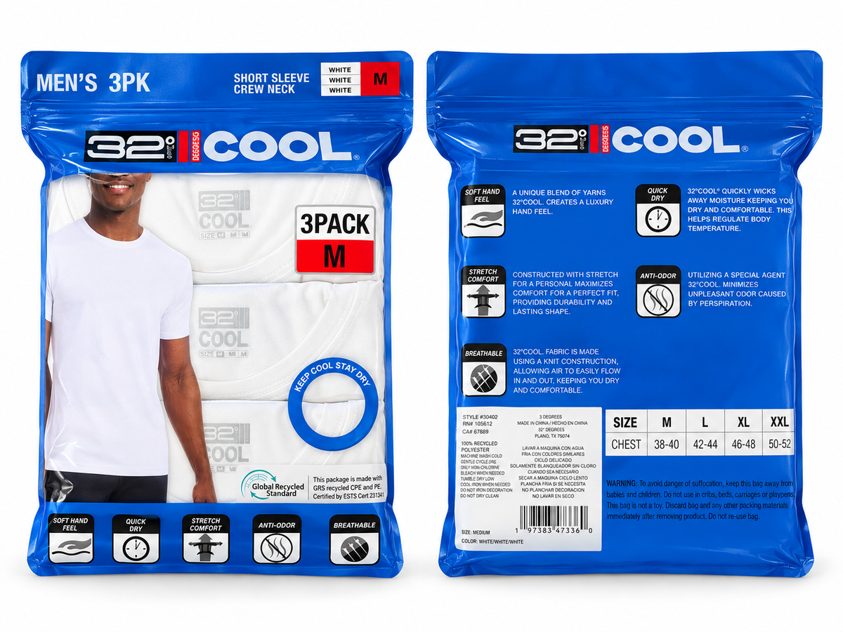 32 DEGREES COOL MEN’S 3-PACK SHORT SLEEVE CREW NECK T-SHIRTS